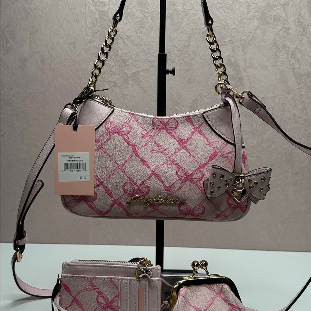 JUST IN!!  Juicy Couture Chiffon Pink Lovely Bows Shoulder and Wallet Set HTF - Picture 4 of 16
